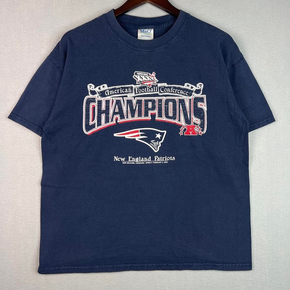New England Patriots Super Bowl XXXVI Champions Blue NFL Tee Shirt 2002 L